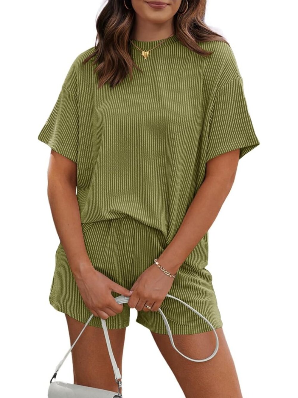 〽️Women's Shorts Set Army Green Short Sleeves Two Piece Matching Tracksuit